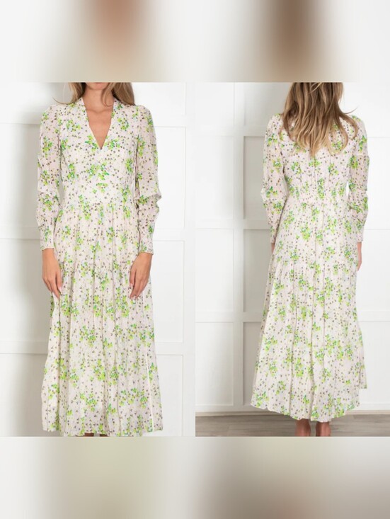 Dresses & Skirts - ME+EM Soft Pink- Green Floral Midi Dress. Pockes, Zipper On Side, V-neck Size 8